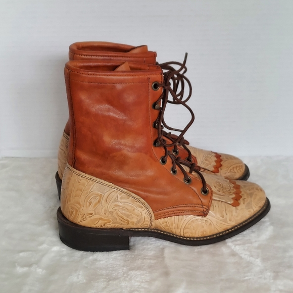 Laredo Shoes - Laredo Caramel Smooth and Tan Hand Tooled Leather Cowgirl Kiltie Boots